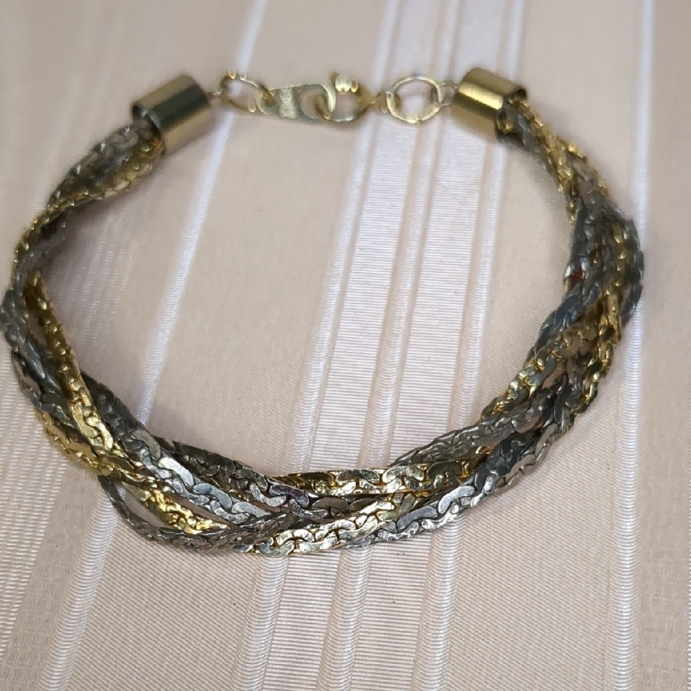Vintage 80s Braided Chain Bracelet Silver Gold Copper Slinky Made In Korea
